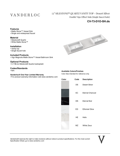 73" D1O Countertop Specifications